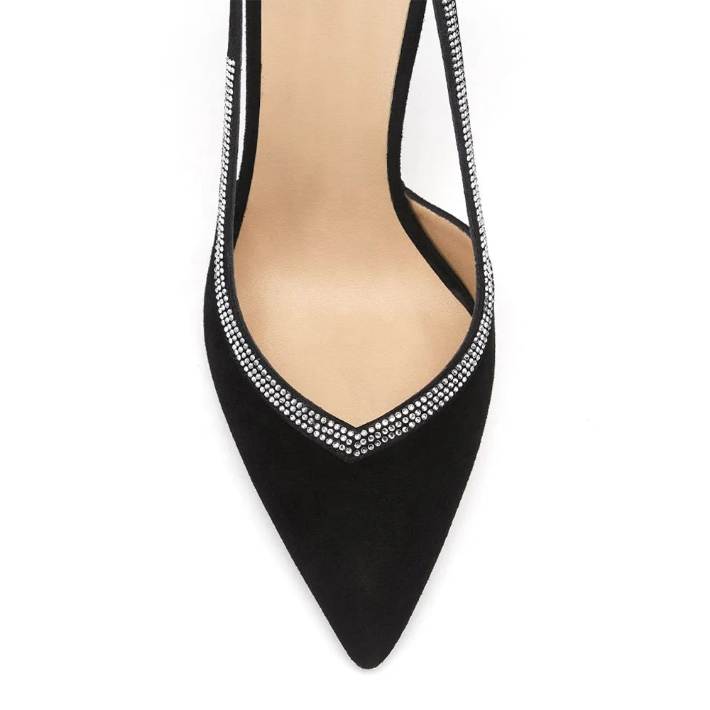 Black Luxury Rhinestone Women High Heels Pointed Toe Side CutoutStiletto Pumps Versatile Elegant Ladies Shoes
