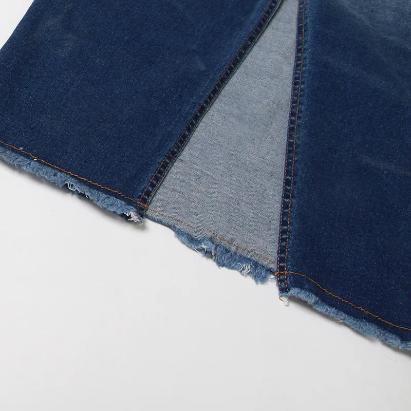 New Unique Streetwear Vintage Fashion Ladies Skirts Casual Color Block Gradient Washed Denim Jean Long Maxi Skirt Women'S Skirts