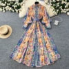 Spring Vintage Stand Collar Tunic Bandage Casual Midi Dress For Women Lantern Sleeve Empire Printed Lace Dress