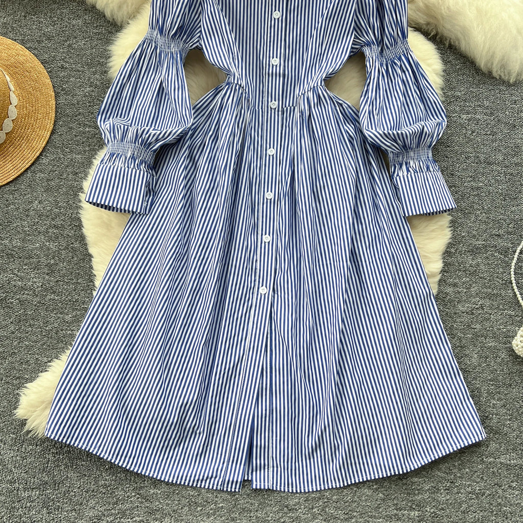 2025 Spring Korean Midi Dress For Women Puff Sleeve Empire Lace Dress