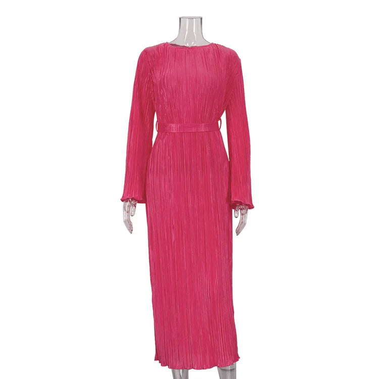 Enyami Boutique Elegance Fall Winter Flare Sleeve Pleated Lace-up Basic Robe Plisse Casual Elegant Chic Women Dress