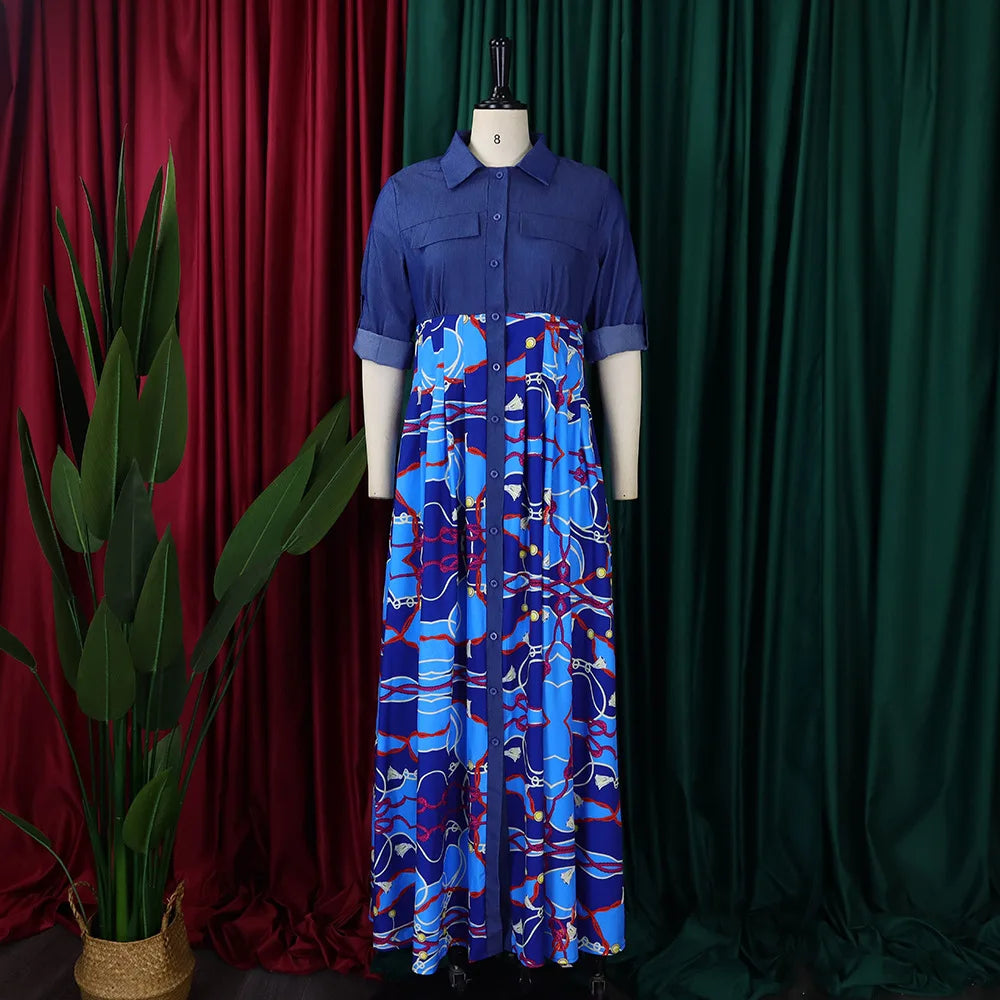 Spring Elegent Denim Collar Patchwork Vintage Patterns High Waist Long Casual Swing Plus Size Flared Shirt Maxi Dress for Women