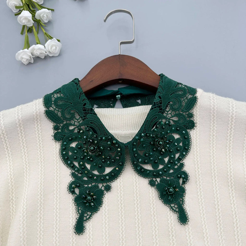 LHY Fashion Detachable Peter Pan Fake Collar for Women Choker Necklace Beaded Pearl Rhinestone Lace Applique Accessory