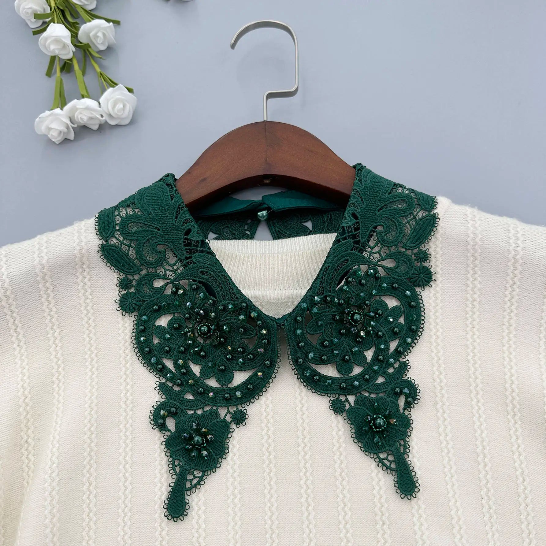 LHY Fashion Detachable Peter Pan Fake Collar for Women Choker Necklace Beaded Pearl Rhinestone Lace Applique Accessory