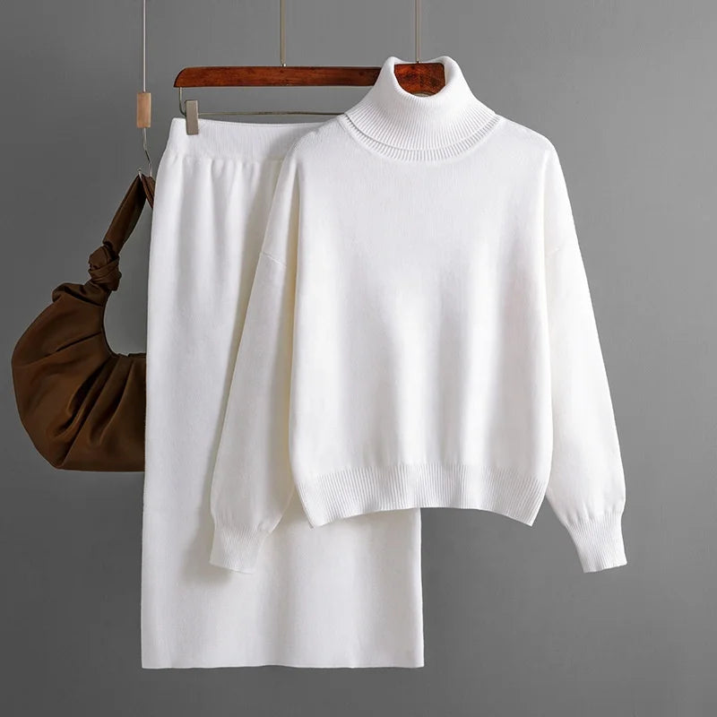 Fashion Two Piece Set Autumn and Winter New Knitted Set for Ladies Outer Wear High Collar Sweater Skirt Set Female Wholesale