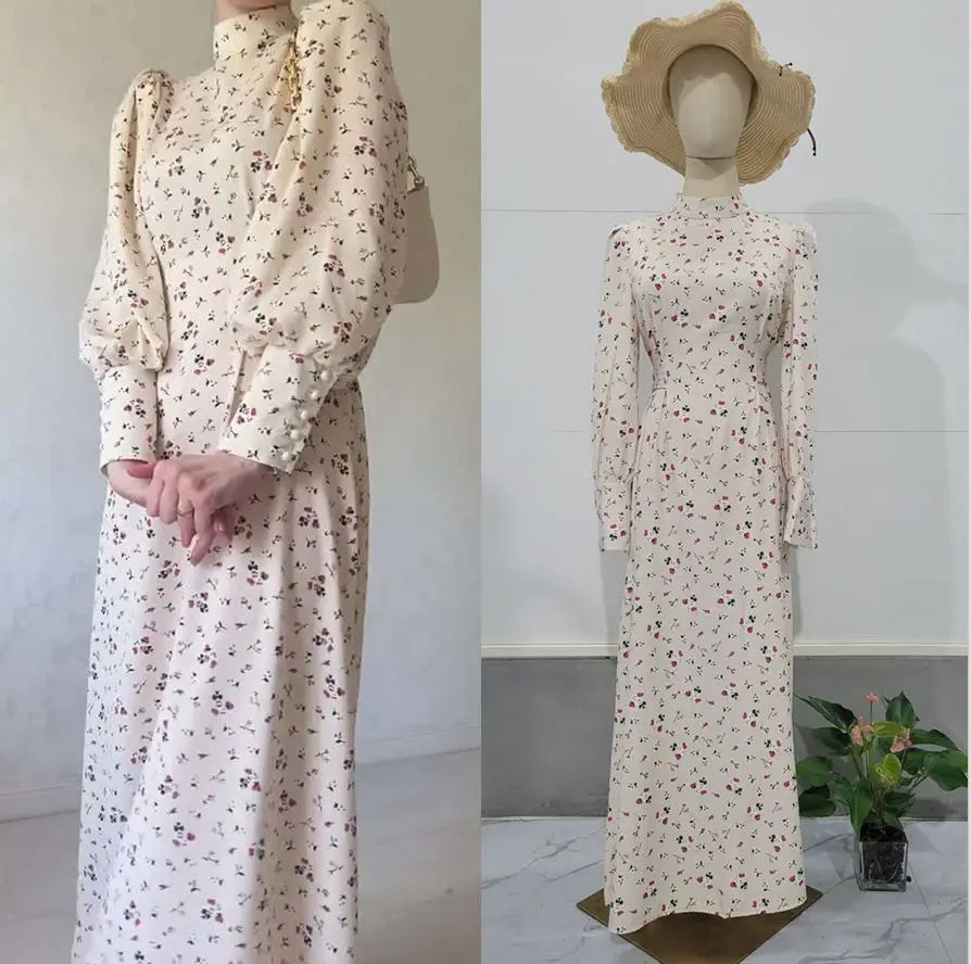2024 Wholesale Loose Lace up Fragmented Flower Dress Long Sleeved Slim Fit A-Line Dress Dubai Abaya Casual Maxi Dress