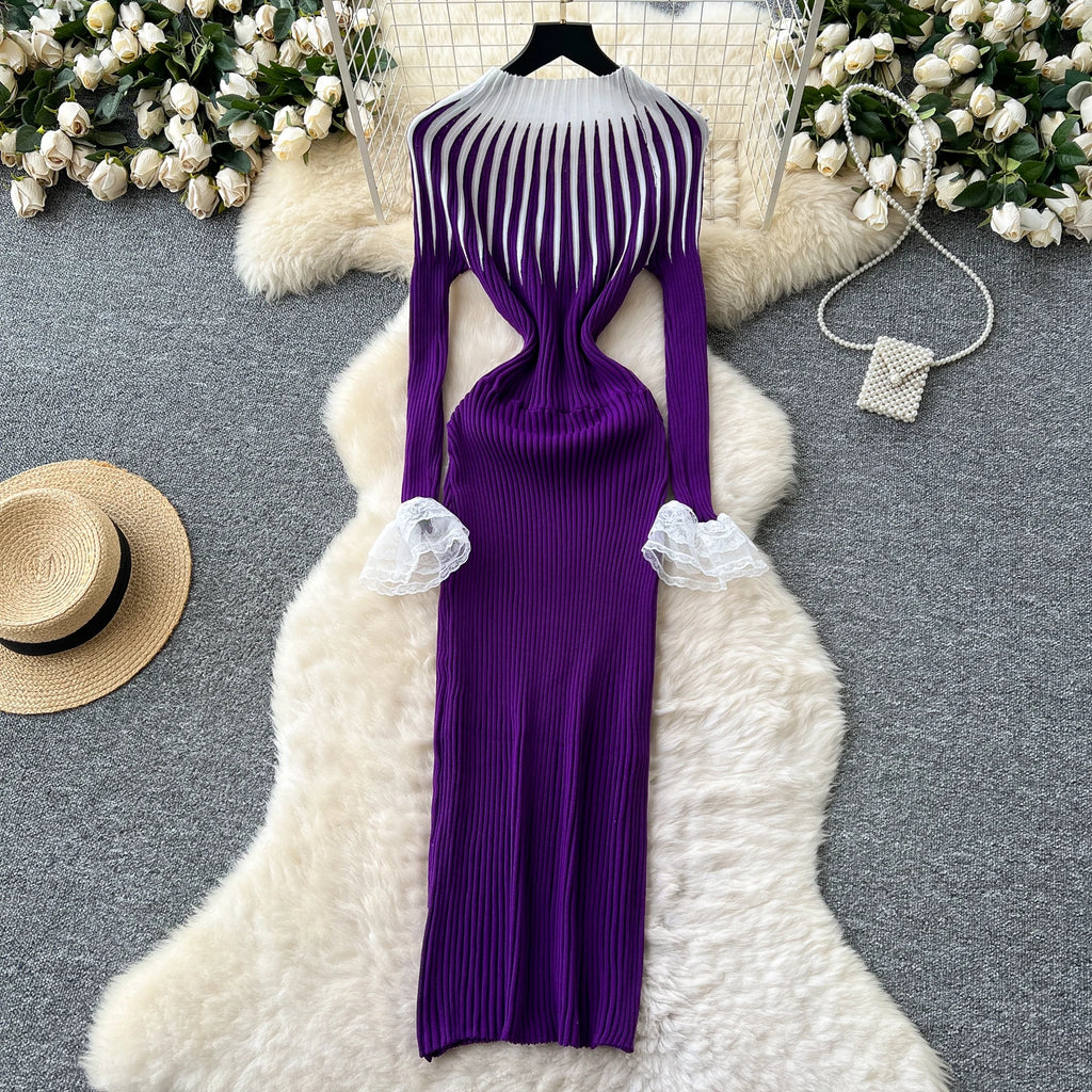 Spring Roman Slim Casual Midi Dress For Women Empire Patchwork Contrast Color Beaded Lace Dress