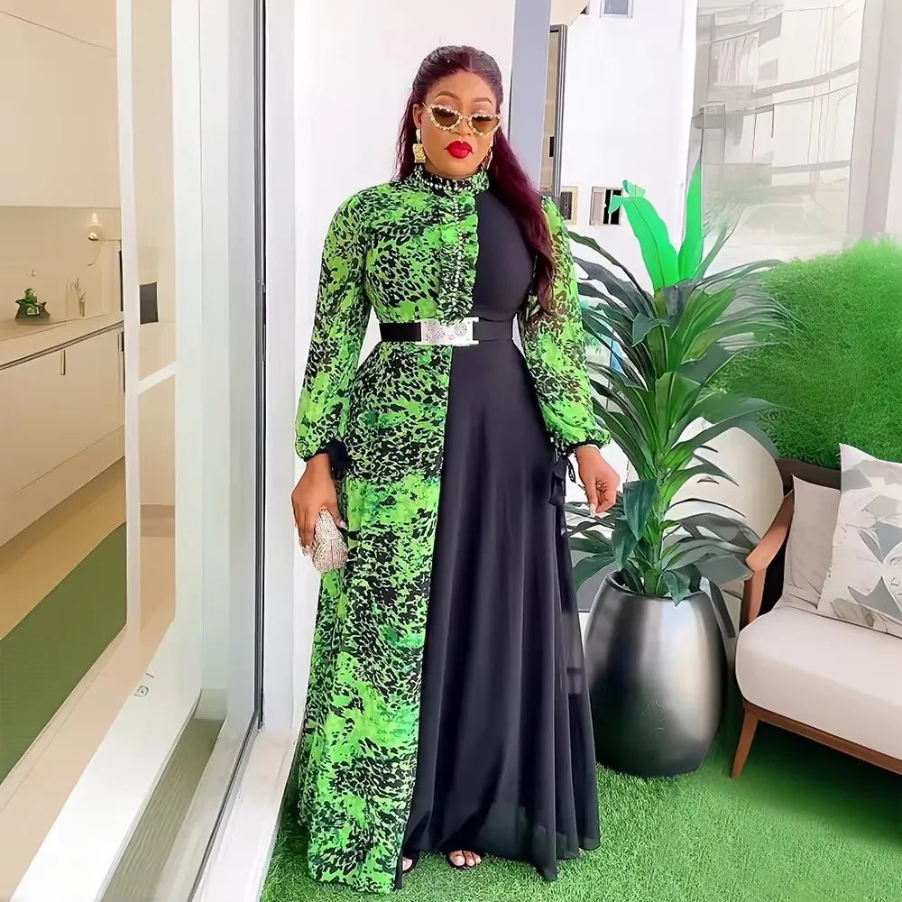 African Dresses for Women 2024 Elegant Summer Fashion Long Sleeve Muslim Print Wedding Evening Party Chiffon Maxi Dress
