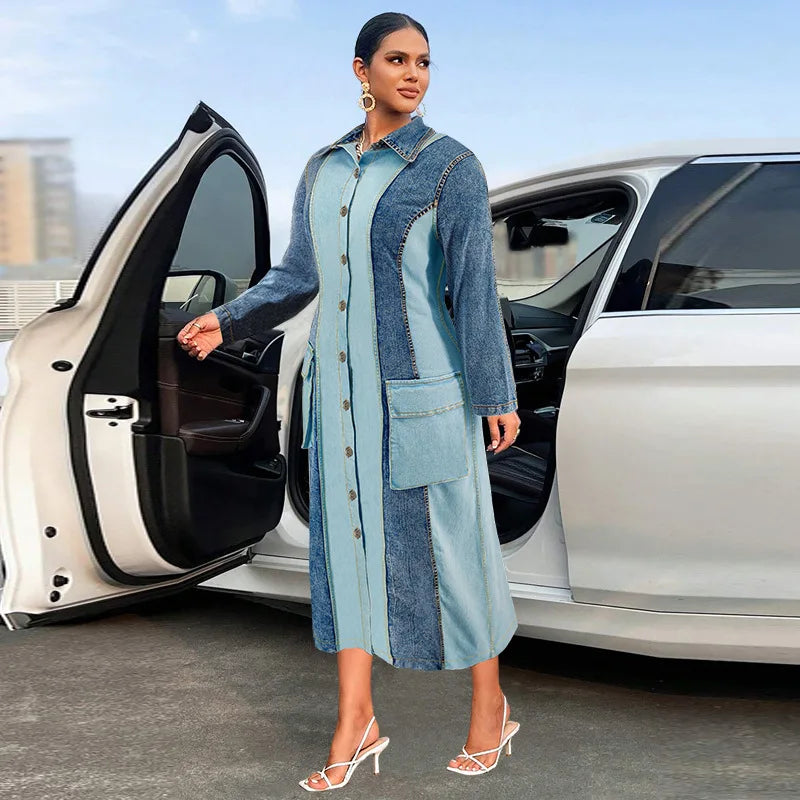 Y218539 Plus Size Jeans Dresses Women Contrast Color Single Breasted Lapel Long Sleeve Denim Dresses for Women Ladies Maxi Dress