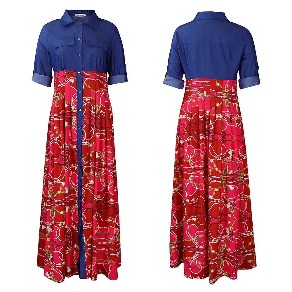Spring Elegent Denim Collar Patchwork Vintage Patterns High Waist Long Casual Swing Plus Size Flared Shirt Maxi Dress for Women