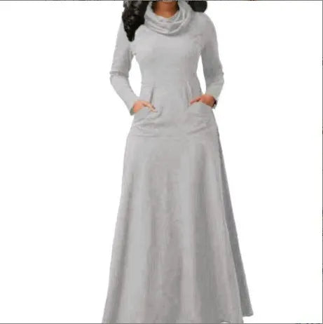 Long Maxi Dress Autumn Winter Warm High Collar Women Long-sleeved Dress Woman Clothing With Pocket