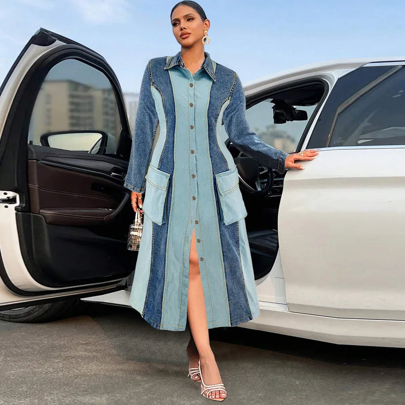 Y218539 Plus Size Jeans Dresses Women Contrast Color Single Breasted Lapel Long Sleeve Denim Dresses for Women Ladies Maxi Dress