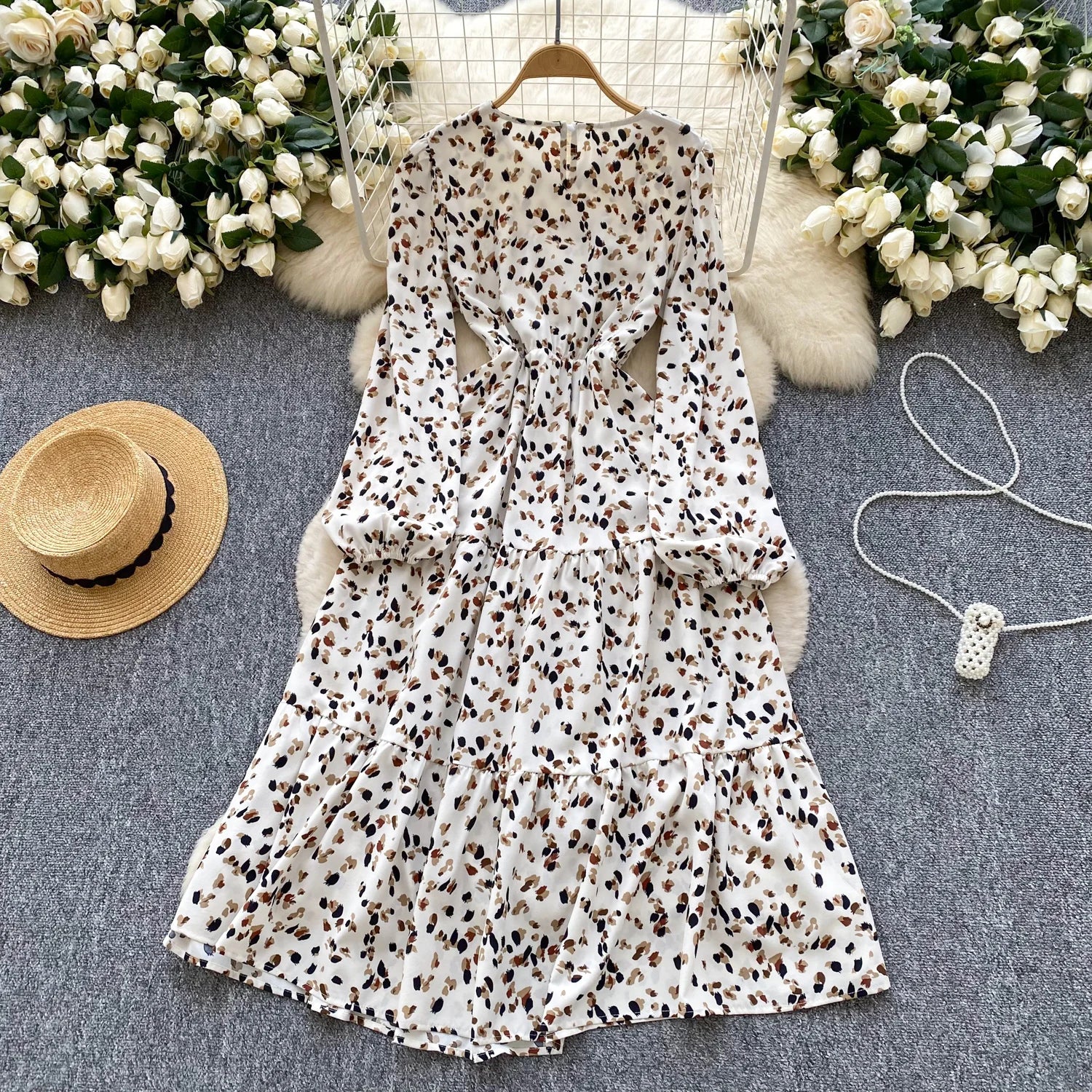Spring Roman O-Neck Tunic Slim Casual Midi Dress For Women Lantern Sleeve High Elastic Waist Floral Ruffled Lace Dress