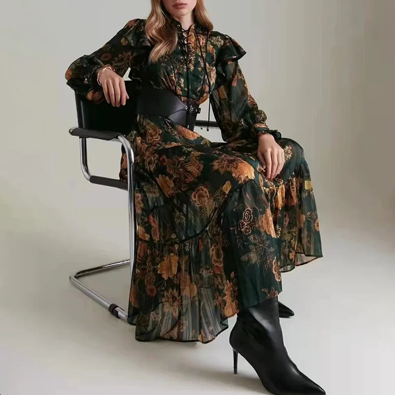 Vestido De Gasa Women'S Maxi Dress 2021 Ruffle Long Sleeve Drawstring Vintage Maxi Luxury Chiffon Kaftan Dresses for Women