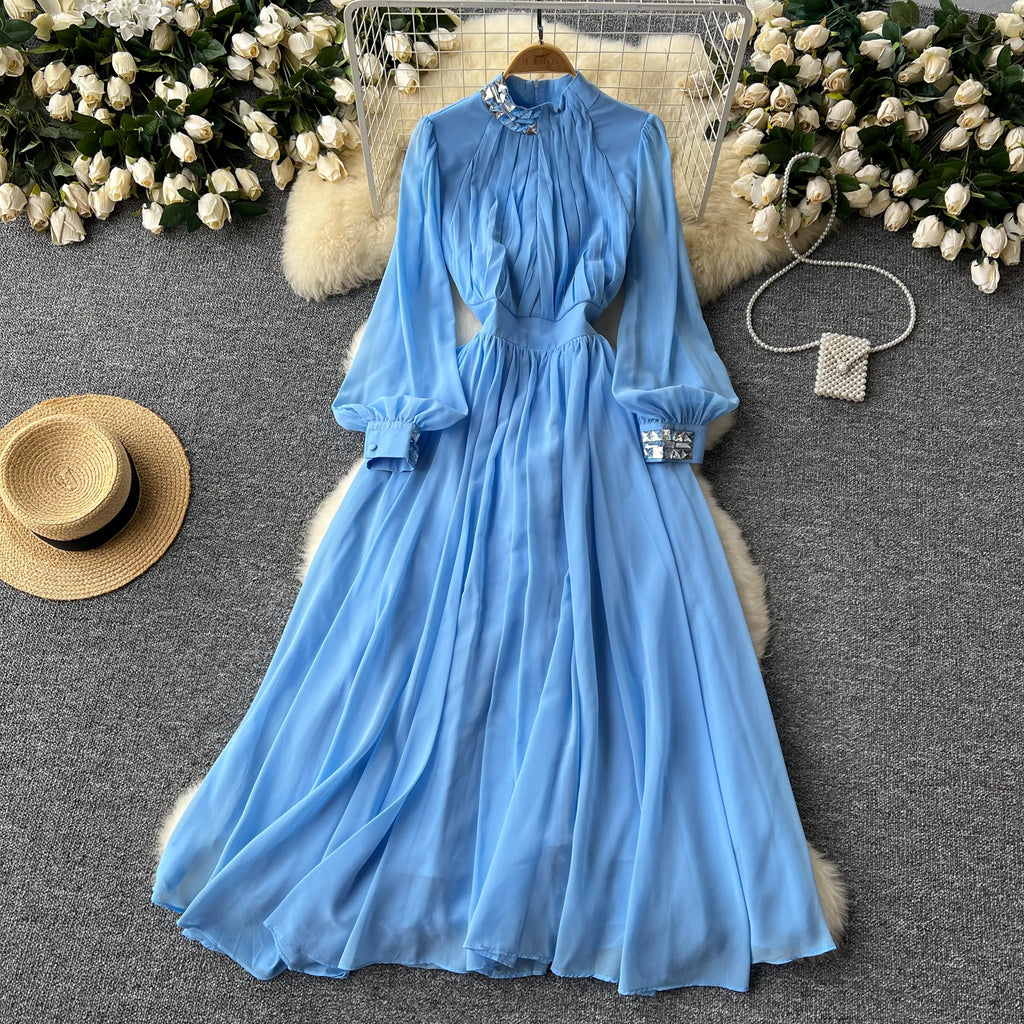 Roman Stand Collar Tunic Slim Pleated Midi Dress For Women Empire Lace Dress
