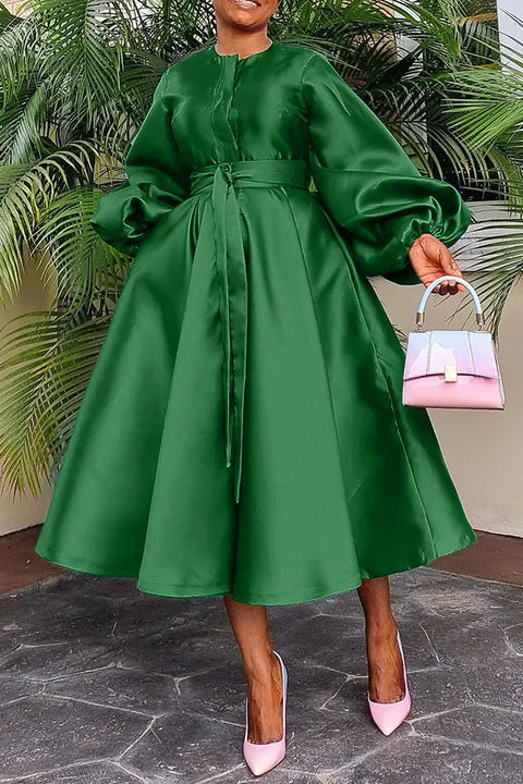 Women Satin Casual Fashion Lantern Sleeve Dress Belted Button a Line Long Dresses Flowy Maxi Dress