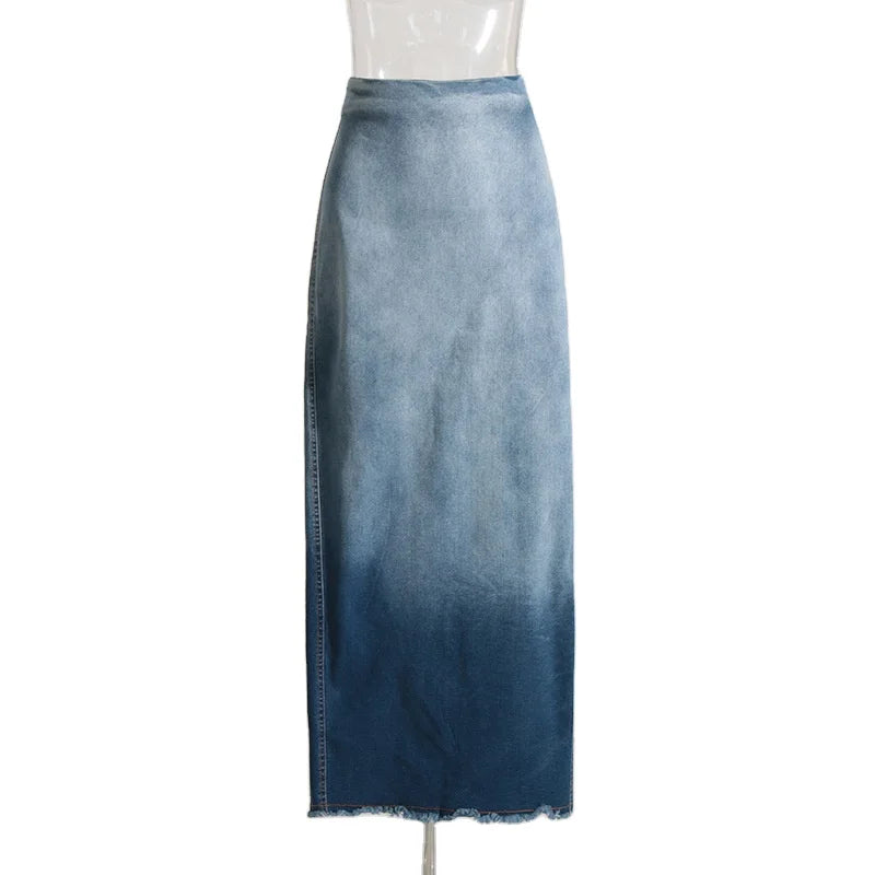New Unique Streetwear Vintage Fashion Ladies Skirts Casual Color Block Gradient Washed Denim Jean Long Maxi Skirt Women'S Skirts