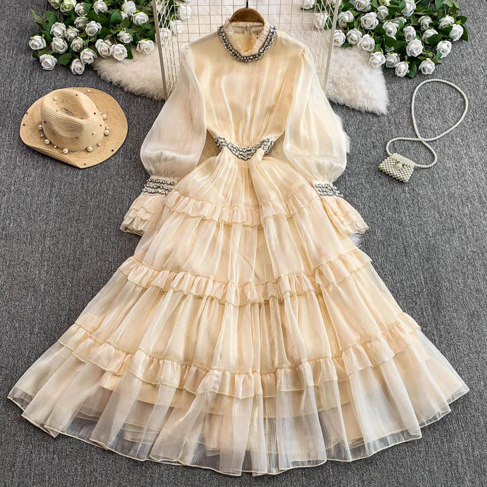 Summer Sweet Stand Collar Ruffle Midi Dress For Women Empire Diamonds Lace Vestidos