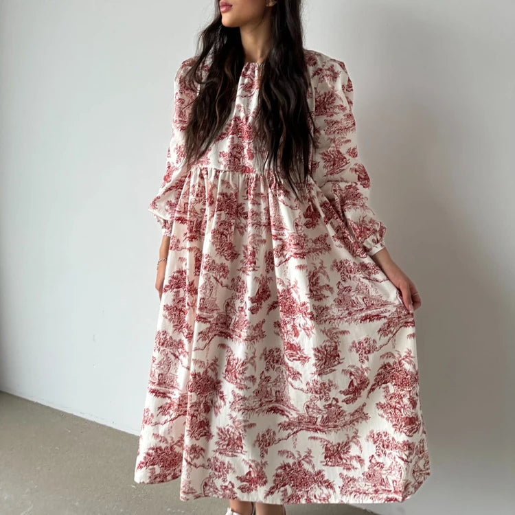 Puff Long Sleeve Buttoned Midi Dress