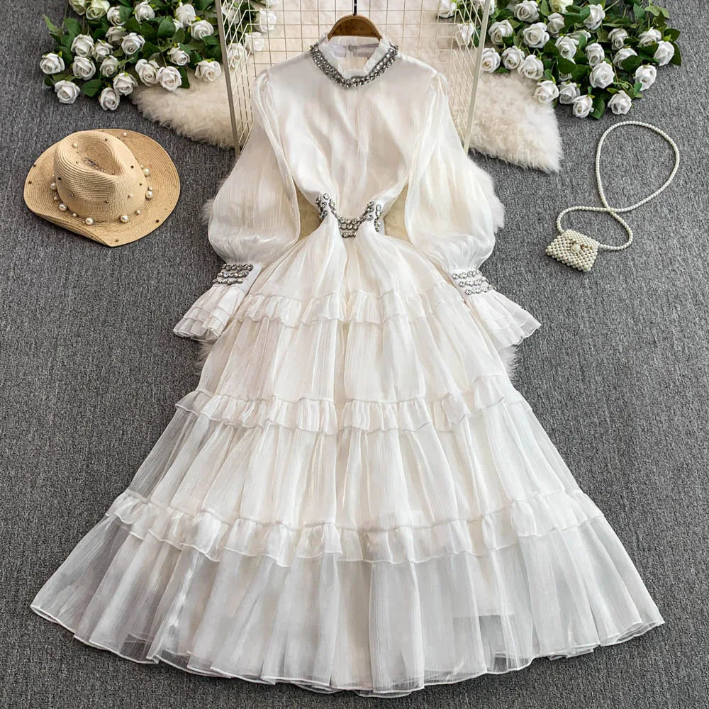 Summer Sweet Stand Collar Ruffle Midi Dress For Women Empire Diamonds Lace Vestidos