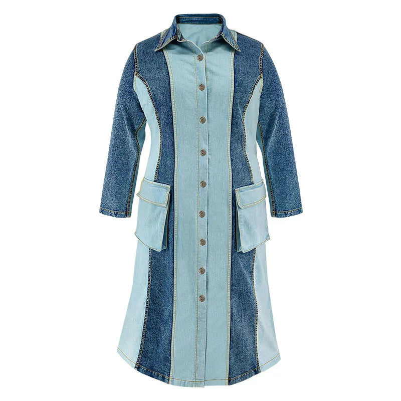 Y218539 Plus Size Jeans Dresses Women Contrast Color Single Breasted Lapel Long Sleeve Denim Dresses for Women Ladies Maxi Dress