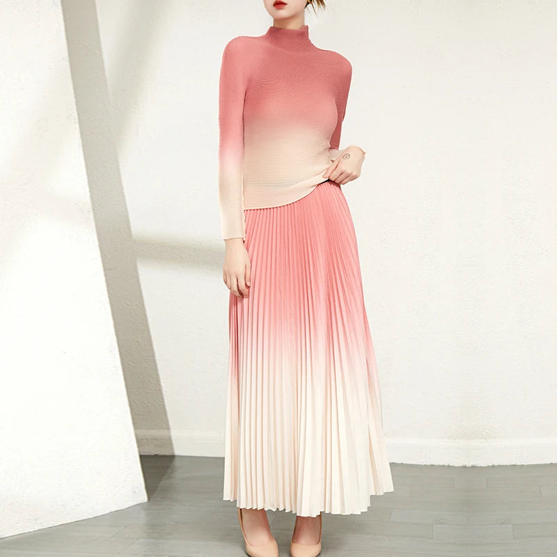 Fast Delivery Clothing Pleat Printed Gradient Color Women 2 Pieces Set Long-sleeve Shirt and Printed Long Pleated Skirt Set