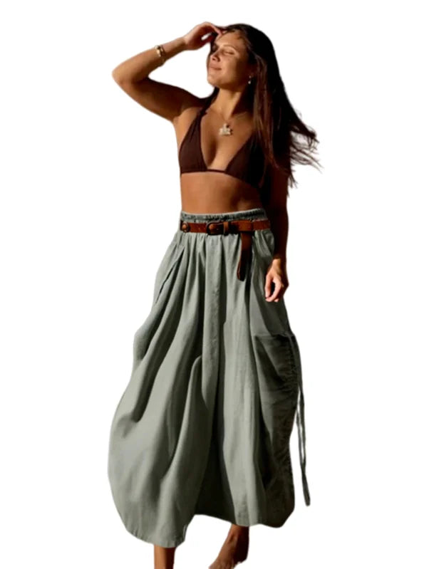 Khaki Cargo Maxi Skirt for Women High Waist Pocketed Beach Long Skirt with Belt