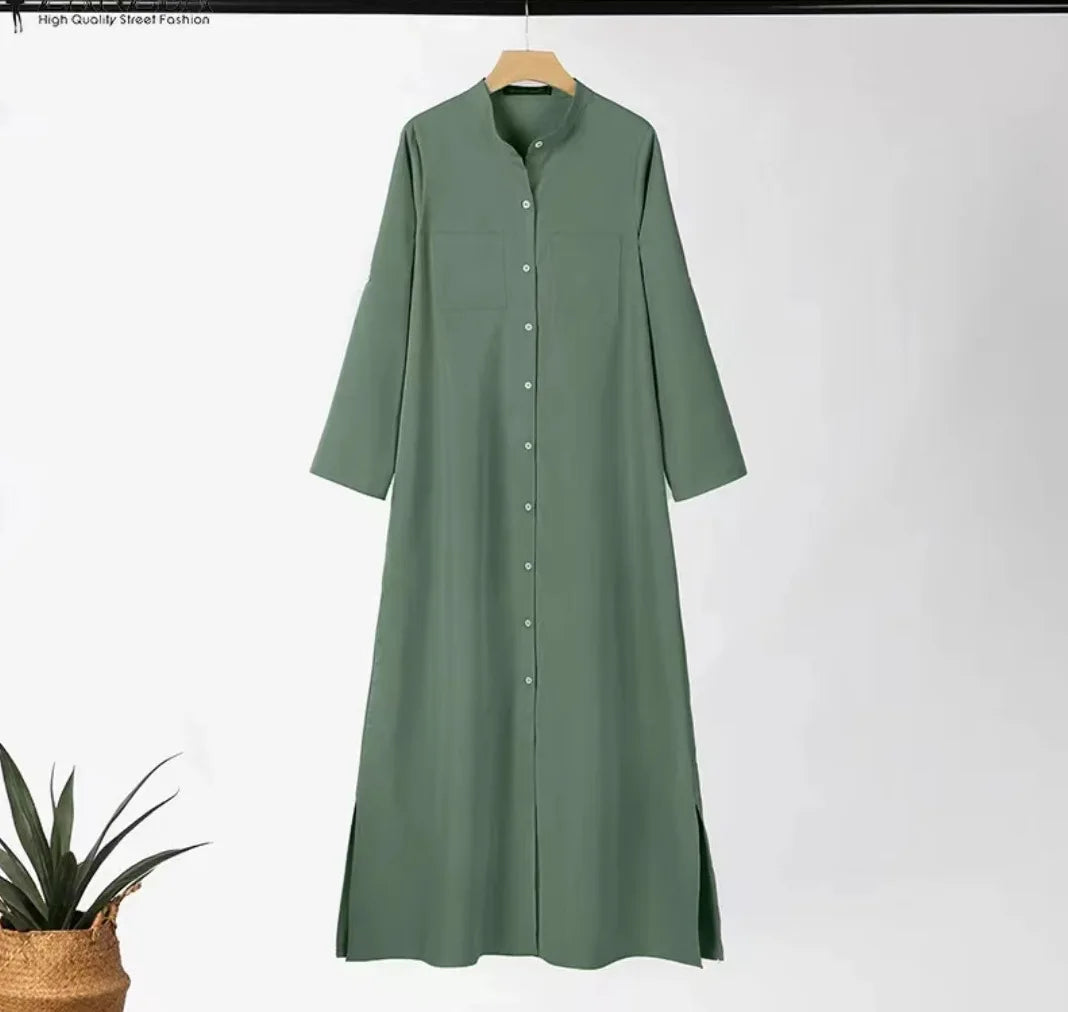 Women Dress 2025 Plain Color Stand Neck Long Sleeve Dresses Women Casual Oversized Loose Maxi Dress Ladies Women Plus Size