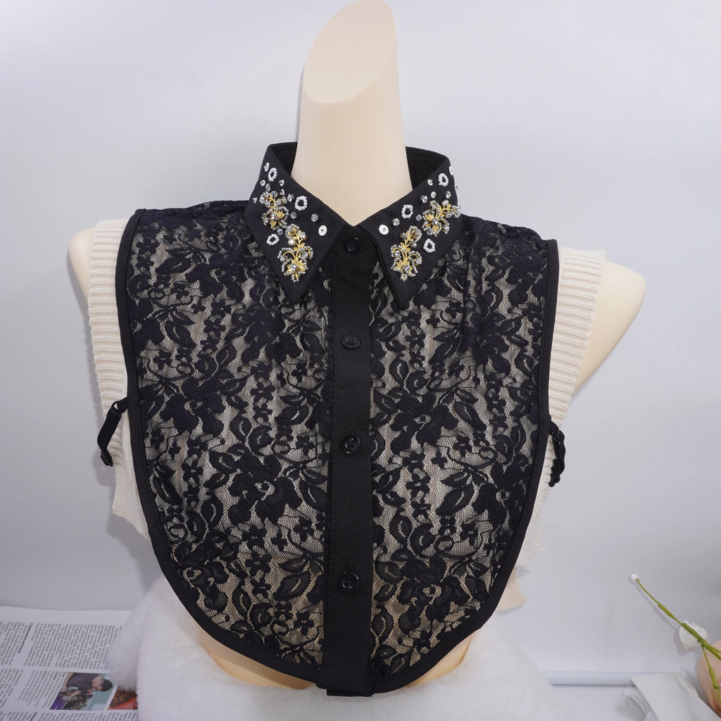 LHY Elegant Detachable Lace Shirt Collar Women Fake Collar Fashion Embroidery Ruffles Chiffon Beaded Crystal Floral Design