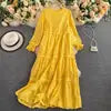 Long Sleeve O-Neck Solid A-Line Dress Autumn Hollow Out High Waist Midi Dress Ladies Casual Dress Clothes Women Wholesale