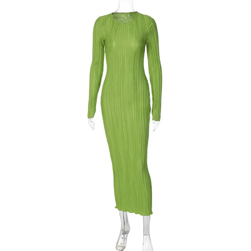 Enyami Spring Collection Plisse Casual Dresses Women Robe Elegance Long Sleeve Pleated Basic Orange Bodycon Maxi Dress
