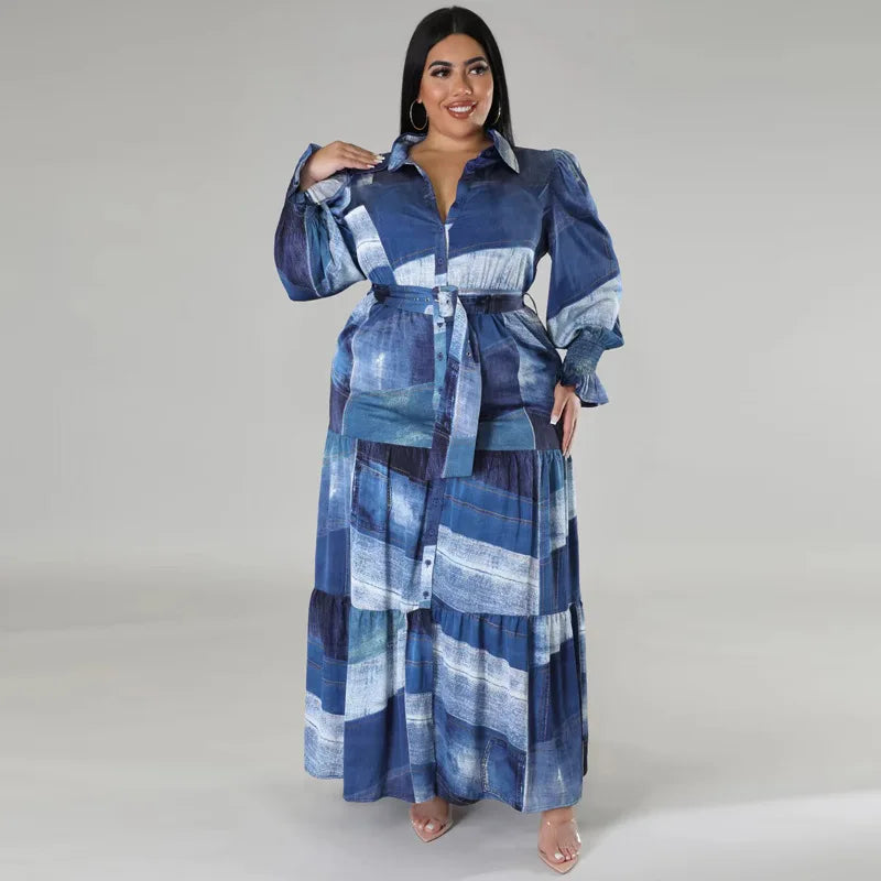 Y218285 High Quality Plus Size Long Dresses Women Casual Long Sleeve Turn-down Colar Printed Maxi Dress Ladies Dress