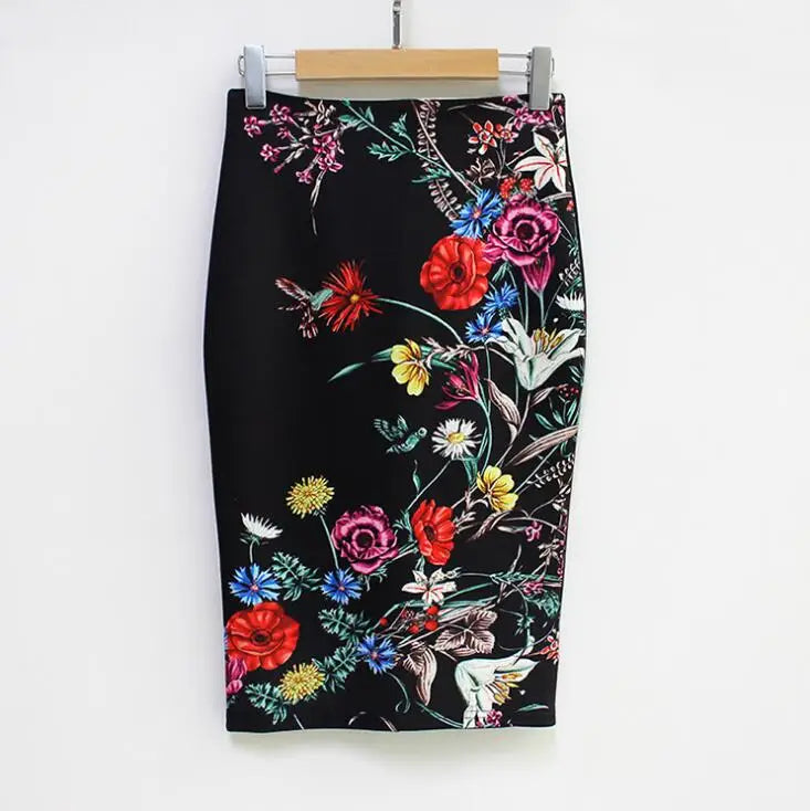 Fashion Midi Skirt For Women Flora Printed High Waist Pencil Skirt Female Causal Flower Bodycon Skirt With Slit