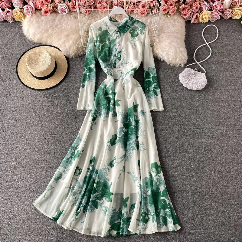 Elegant Big Swing Dress Spring Retro Ink Painting Print Temperament Slim Long Skirt Maxi Dress