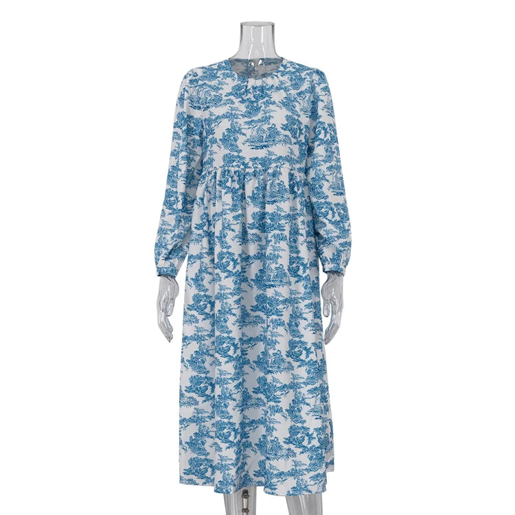 Puff Long Sleeve Buttoned Midi Dress