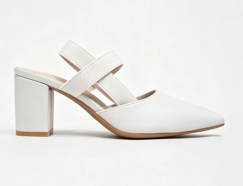 Ladies White Cross Strap Slingback Block Heels Pointed Toe Dress Shoes