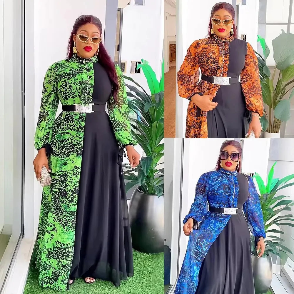 African Dresses for Women 2024 Elegant Summer Fashion Long Sleeve Muslim Print Wedding Evening Party Chiffon Maxi Dress