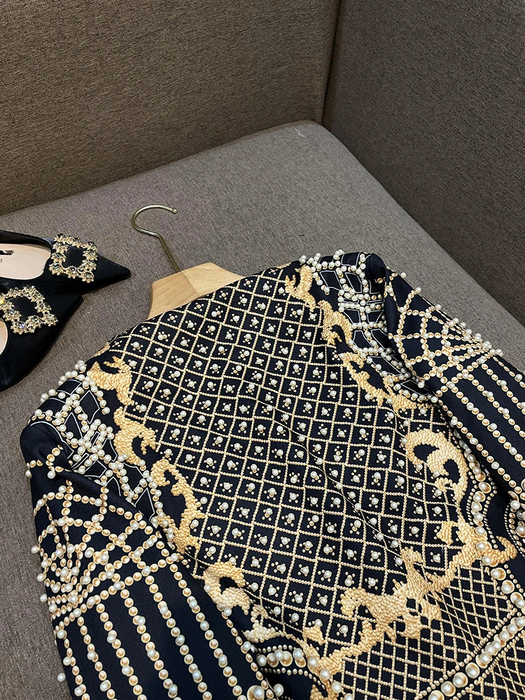 Fine Workmanship Luxury Beads Women Blaze rRetro Printed V-neckline Hidden Snap Ladys Fall Winter Blazer