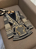 Fine Workmanship Luxury Beads Women Blaze rRetro Printed V-neckline Hidden Snap Ladys Fall Winter Blazer