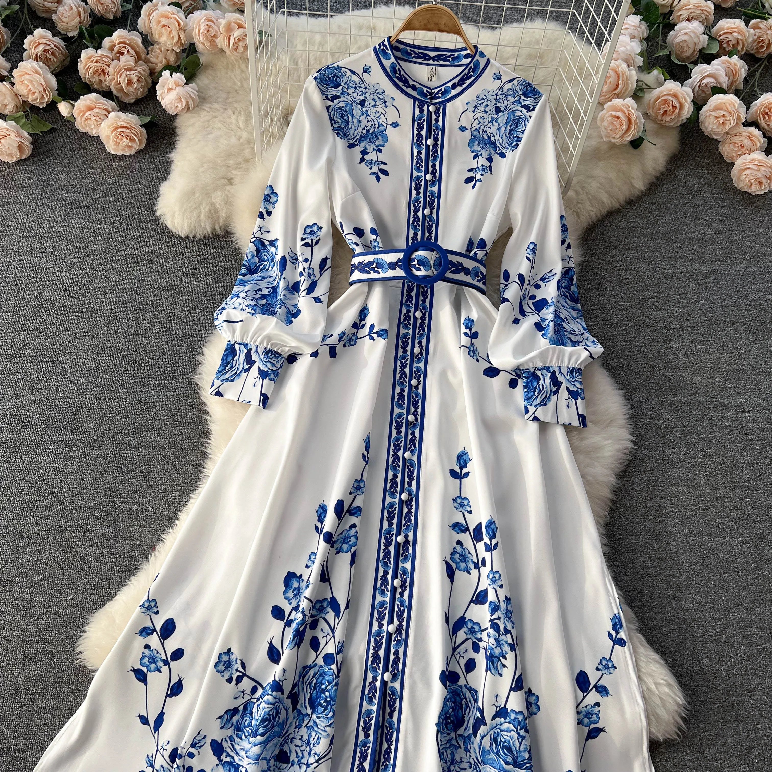 Long Sleeve V-neck Solid A-Line Dress Autumn Simple High Waist Maxi Dress Ladies Casual Dress Clothes Women Wholesale