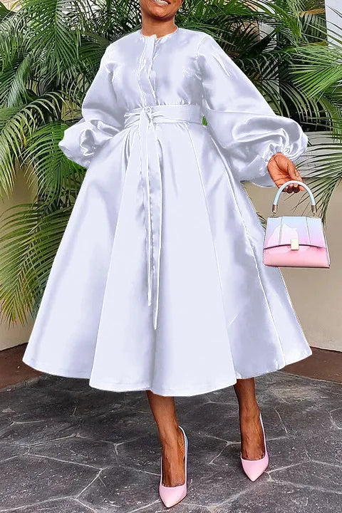 Women Satin Casual Fashion Lantern Sleeve Dress Belted Button a Line Long Dresses Flowy Maxi Dress