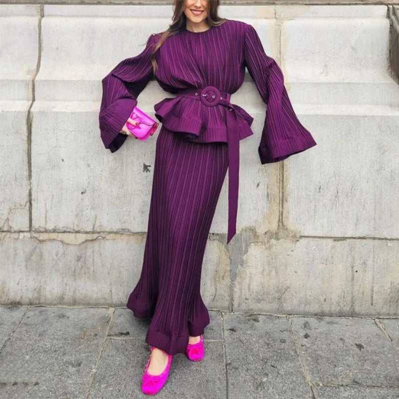 OUDINA Fashion Casual Solid Splicing Ruffled Pleats Skirt Set Elegant Women Two Piece Set Simple Women's Sets