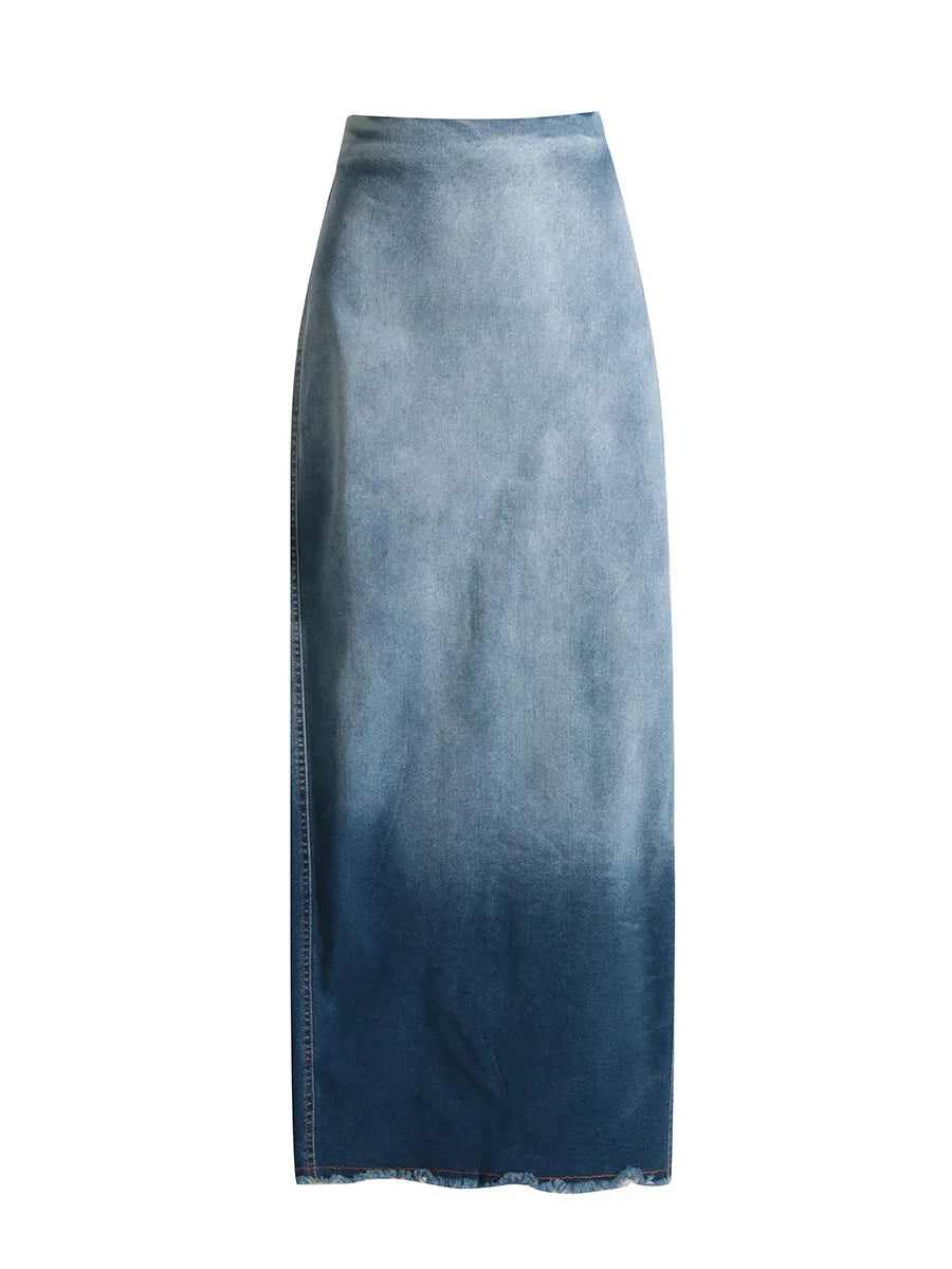 New Unique Streetwear Vintage Fashion Ladies Skirts Casual Color Block Gradient Washed Denim Jean Long Maxi Skirt Women'S Skirts