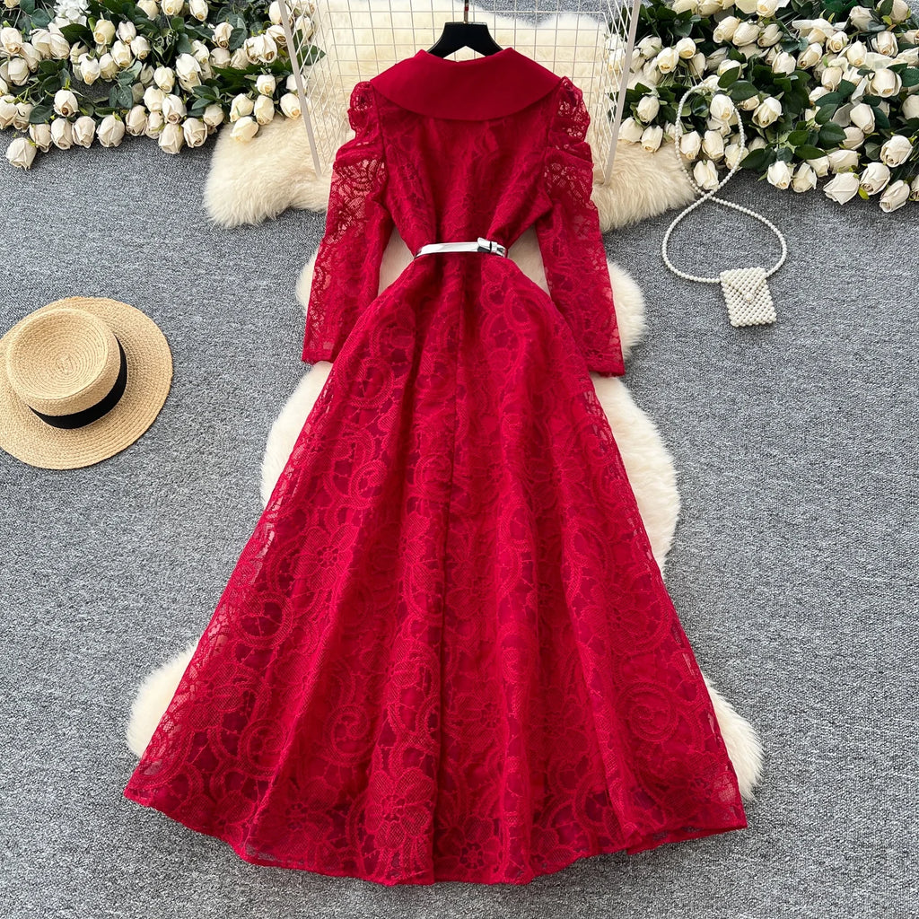 Autumn Casual Maxi Dress Women Lantern Sleeve Empire Hollow Out Ruffled Mesh Dress