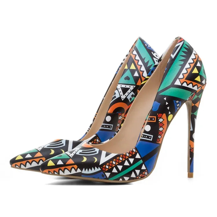 Super High-heeled Women  Shoes Colorful Graffiti Pointed Toe Stiletto Shoes Fashion Night Club Pumps