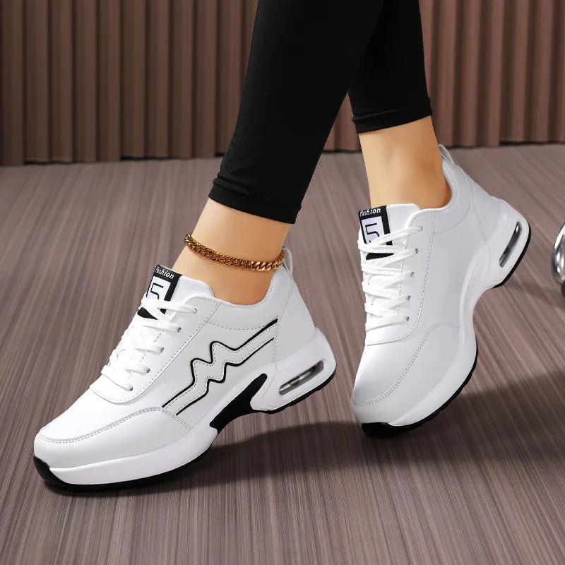 Factory Wholesale Women's White Faux Leather Casual Sneakers - Air Cushion Thick Sole Fashion Sports Shoes