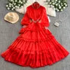 Summer Sweet Stand Collar Ruffle Midi Dress For Women Empire Diamonds Lace Vestidos