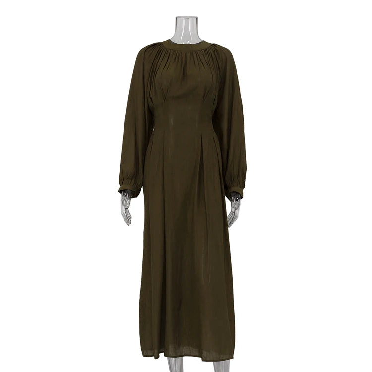 Spring Autumn Fall Button-Up Belted Plisse Elegant Dresses Green Women's Casual Long Sleeve Modest Maxi Dress Ladies