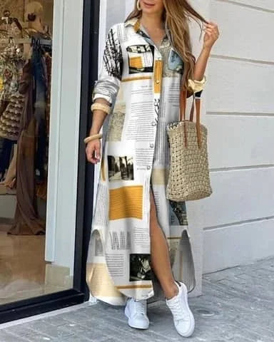 YQY1206 Hot Selling Spring and Summer Fashion Long Sleeve Loose Dress Printed Maxi Dress Ladies Fall Dresses for Women