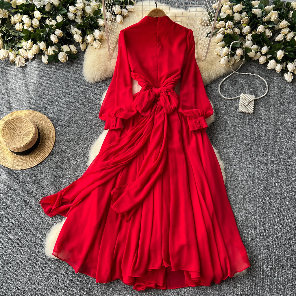 Roman Stand Collar Tunic Slim Pleated Midi Dress For Women Empire Lace Dress